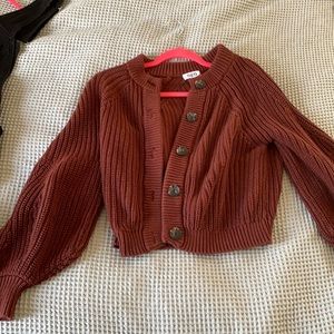 Chunky knit brown balloon sleeve sweater